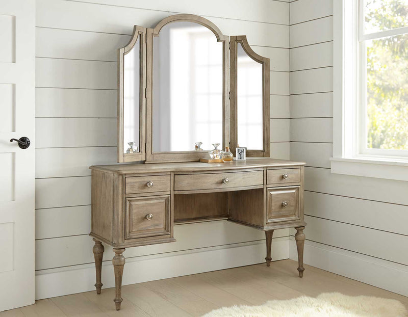 3-Piece Highland Park Vanity Set, Waxed Driftwood (Vanity Desk, Tri-fold Mirror and Bench)