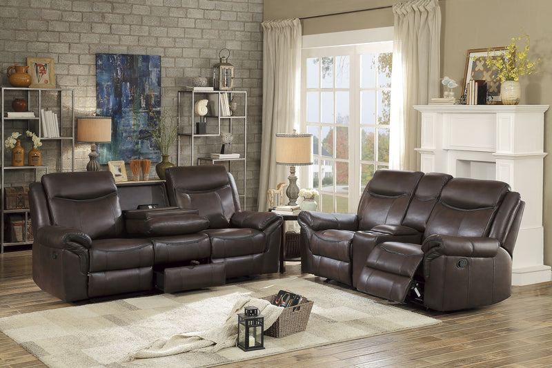 Aram Dark Brown Faux Leather Double Glider Reclining Loveseat with Center Console, Receptacles and USB Ports