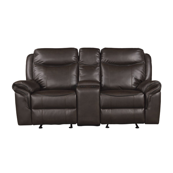 Aram Dark Brown Faux Leather Double Glider Reclining Loveseat with Center Console, Receptacles and USB Ports