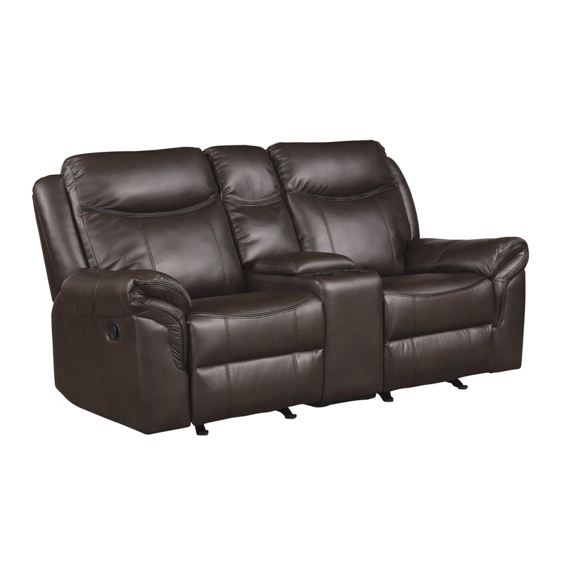 Aram Dark Brown Faux Leather Double Glider Reclining Loveseat with Center Console, Receptacles and USB Ports