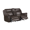 Aram Dark Brown Faux Leather Double Glider Reclining Loveseat with Center Console, Receptacles and USB Ports