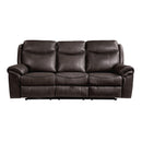 Aram Dark Brown Faux Leather Double Reclining Sofa with Center Drop-Down Cup Holders, Receptacles, Hidden Drawer and USB Ports