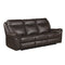 Aram Dark Brown Faux Leather Double Reclining Sofa with Center Drop-Down Cup Holders, Receptacles, Hidden Drawer and USB Ports