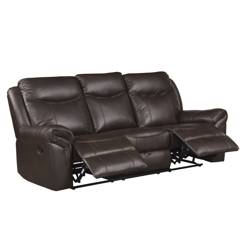 Aram Dark Brown Faux Leather Double Reclining Sofa with Center Drop-Down Cup Holders, Receptacles, Hidden Drawer and USB Ports