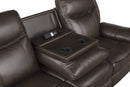 Aram Dark Brown Faux Leather Double Reclining Sofa with Center Drop-Down Cup Holders, Receptacles, Hidden Drawer and USB Ports