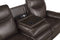 Aram Dark Brown Faux Leather Double Reclining Sofa with Center Drop-Down Cup Holders, Receptacles, Hidden Drawer and USB Ports