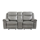 Aram Gray Faux Leather Double Glider Reclining Loveseat with Center Console, Receptacles and USB Ports