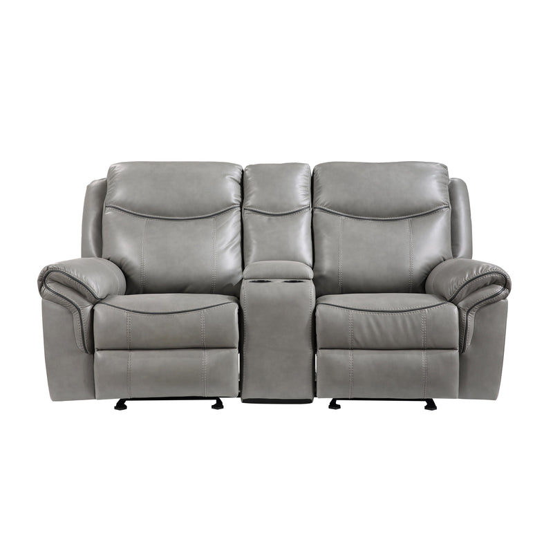 Aram Gray Faux Leather Double Glider Reclining Loveseat with Center Console, Receptacles and USB Ports