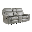 Aram Gray Faux Leather Double Glider Reclining Loveseat with Center Console, Receptacles and USB Ports