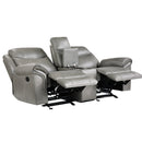 Aram Gray Faux Leather Double Glider Reclining Loveseat with Center Console, Receptacles and USB Ports