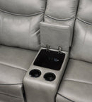 Aram Gray Faux Leather Double Glider Reclining Loveseat with Center Console, Receptacles and USB Ports