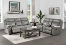 Aram Gray Faux Leather Double Glider Reclining Loveseat with Center Console, Receptacles and USB Ports