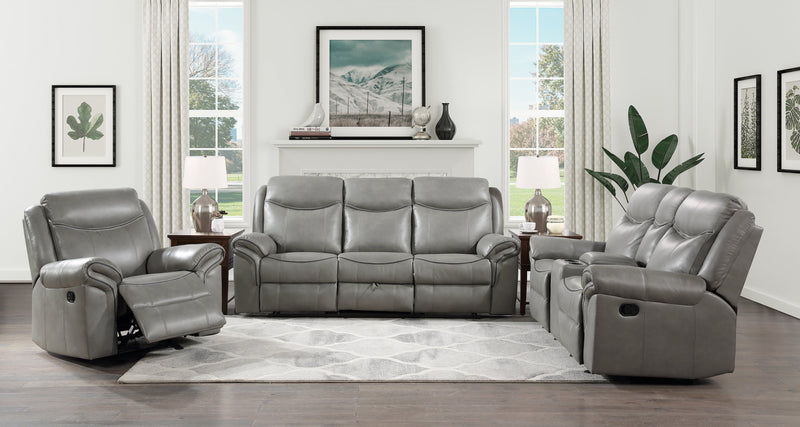 Aram Gray Faux Leather Double Glider Reclining Loveseat with Center Console, Receptacles and USB Ports