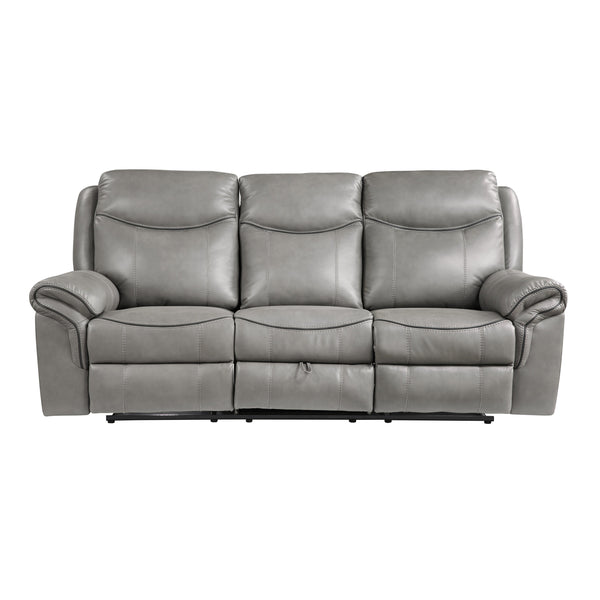 Aram Gray Faux Leather Double Reclining Sofa with Center Drop-Down Cup Holders, Receptacles, Hidden Drawer and USB Ports