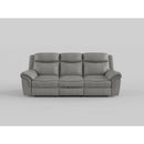 Aram Gray Faux Leather Double Reclining Sofa with Center Drop-Down Cup Holders, Receptacles, Hidden Drawer and USB Ports