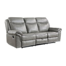 Aram Gray Faux Leather Double Reclining Sofa with Center Drop-Down Cup Holders, Receptacles, Hidden Drawer and USB Ports