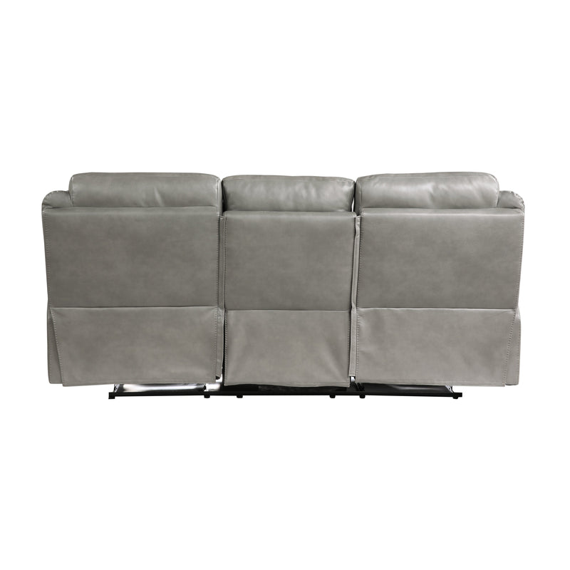 Aram Gray Faux Leather Double Reclining Sofa with Center Drop-Down Cup Holders, Receptacles, Hidden Drawer and USB Ports