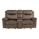 Aram Brown Fabric Double Glider Reclining Loveseat with Center Console, Receptacles and USB Ports