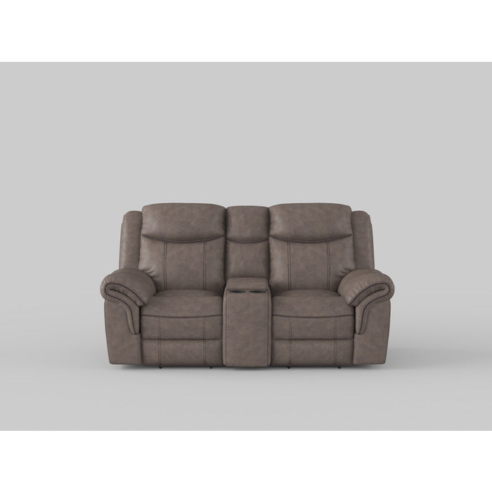 Aram Brown Fabric Double Glider Reclining Loveseat with Center Console, Receptacles and USB Ports