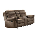 Aram Brown Fabric Double Glider Reclining Loveseat with Center Console, Receptacles and USB Ports