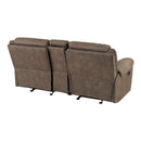 Aram Brown Fabric Double Glider Reclining Loveseat with Center Console, Receptacles and USB Ports