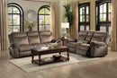 Aram Brown Fabric Double Glider Reclining Loveseat with Center Console, Receptacles and USB Ports