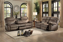 Aram Brown Fabric Double Glider Reclining Loveseat with Center Console, Receptacles and USB Ports