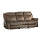 Aram Brown Fabric Double Reclining Sofa with Center Drop-Down Cup Holders, Receptacles, Hidden Drawer and USB Ports