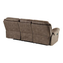 Aram Brown Fabric Double Reclining Sofa with Center Drop-Down Cup Holders, Receptacles, Hidden Drawer and USB Ports