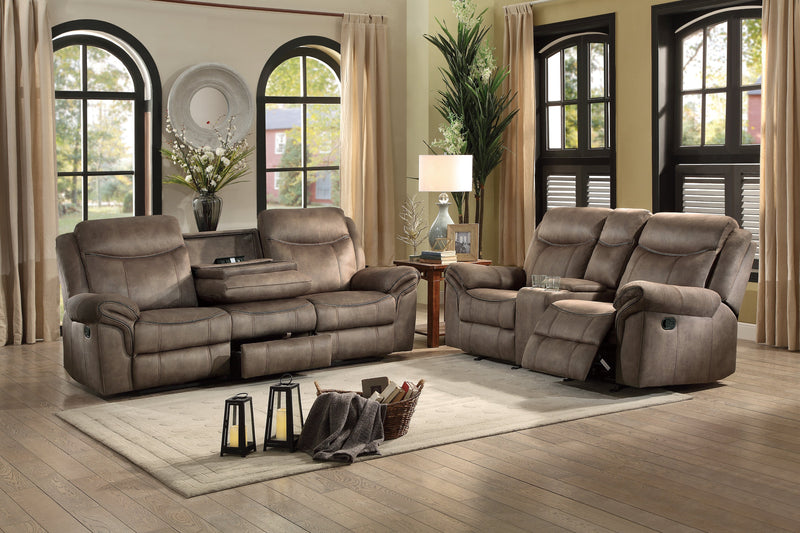 Aram Brown Fabric Double Reclining Sofa with Center Drop-Down Cup Holders, Receptacles, Hidden Drawer and USB Ports