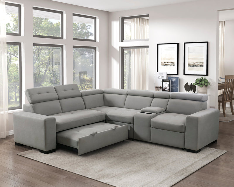 Farrah Light Gray 3-Piece Sectional with Adjustable Headrests, Pull-out Bed and Console