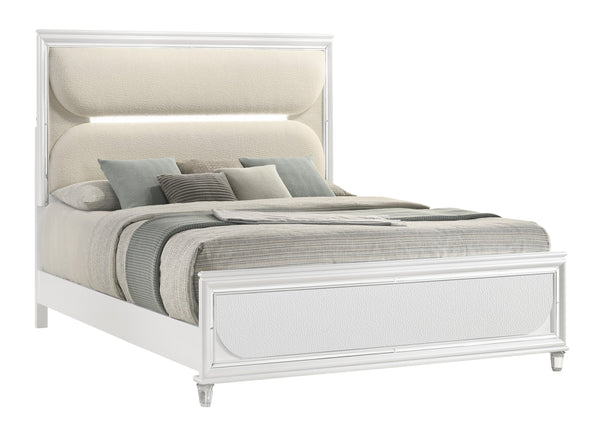 Eden White King Boucle Upholstered LED Panel Bed