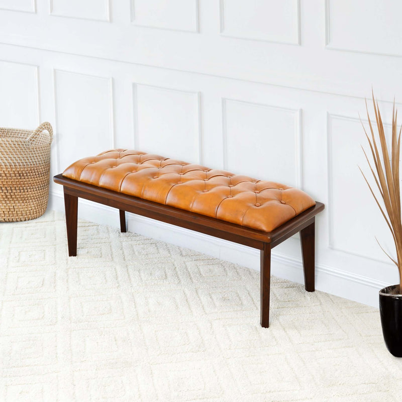 Arden Tan Leather Buttoned Bench