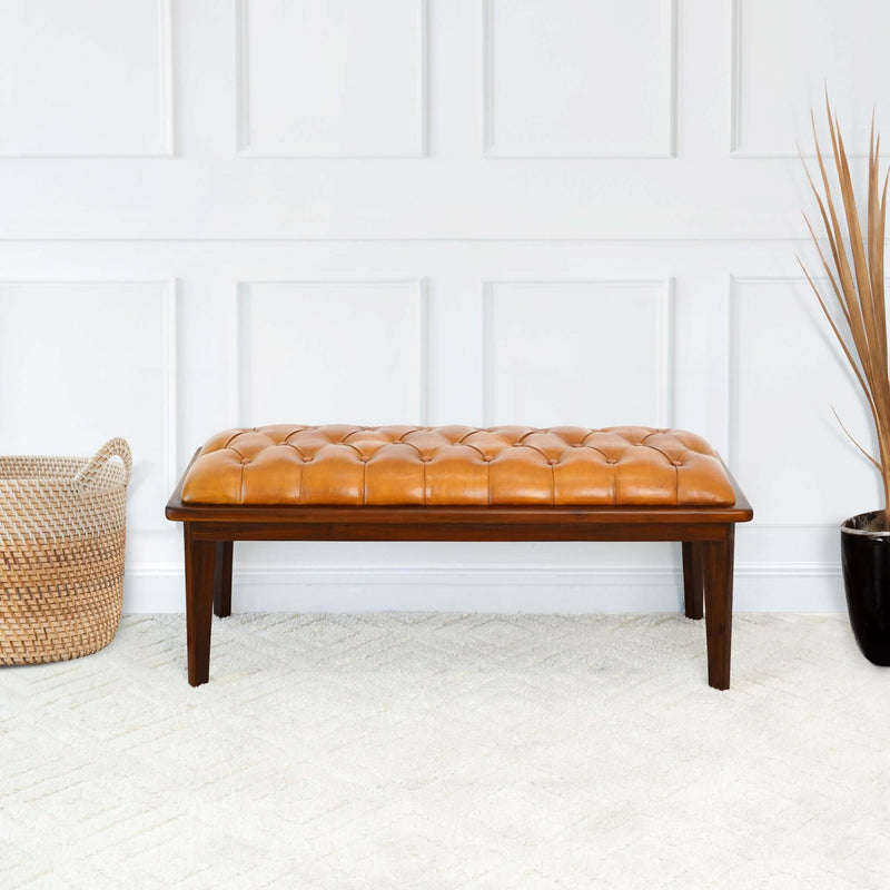 Arden Tan Leather Buttoned Bench