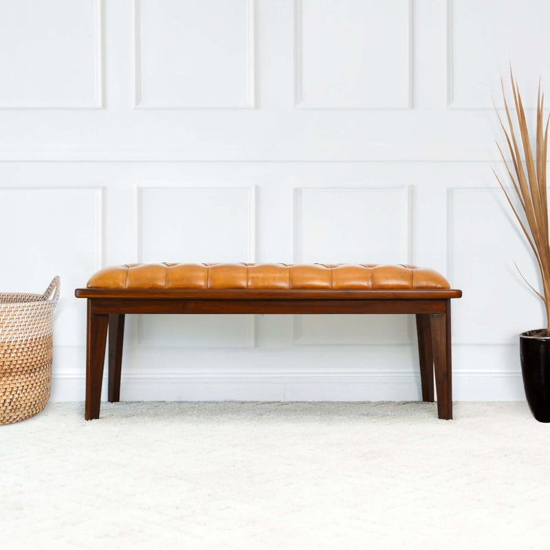 Arden Tan Leather Buttoned Bench