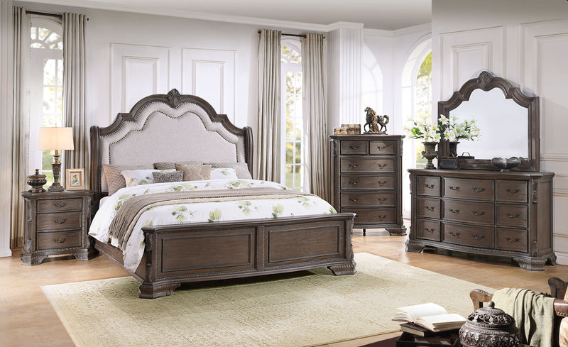 Seymour Gray Upholstered 4-Piece King Panel Bedroom Set