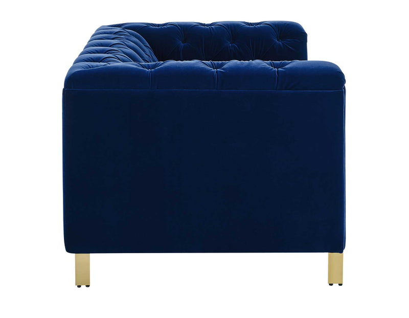 Charlene Blue Velvet Button Tufted Rolled Arm Chesterfield Loveseat