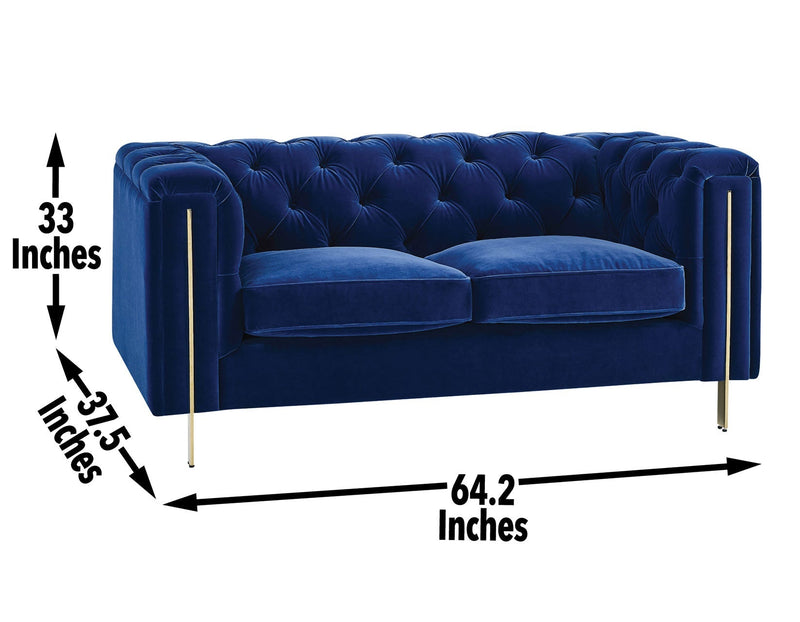 Charlene Blue Velvet Button Tufted Rolled Arm Chesterfield Loveseat