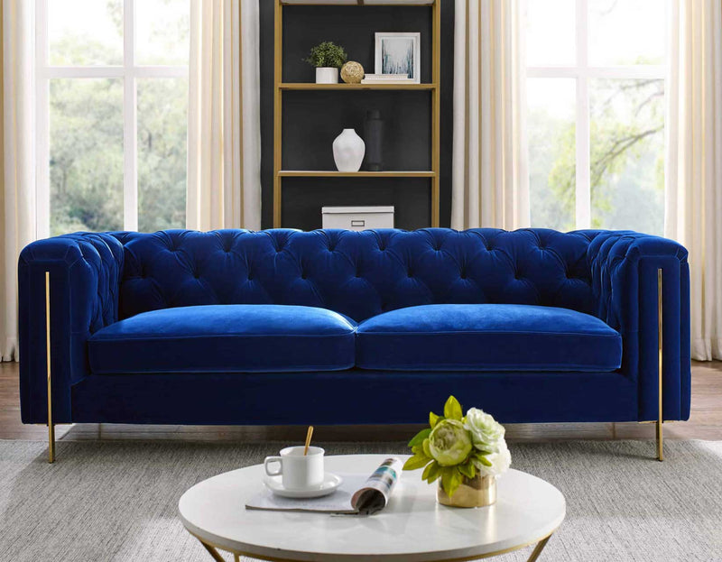 Charlene Blue Velvet Button Tufted Rolled Arm Chesterfield Sofa