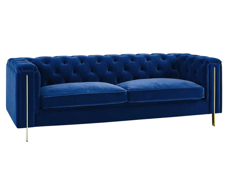 Charlene Blue Velvet Button Tufted Rolled Arm Chesterfield Sofa