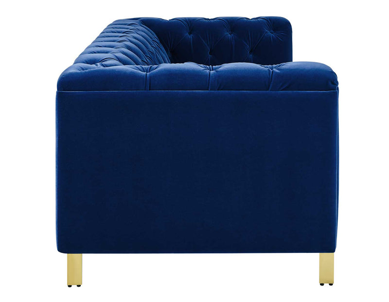 Charlene Blue Velvet Button Tufted Rolled Arm Chesterfield Sofa