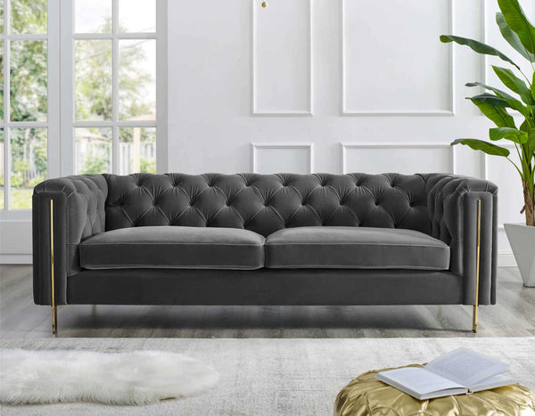 Charlene Gray Velvet Button Tufted Rolled Arm Chesterfield Sofa