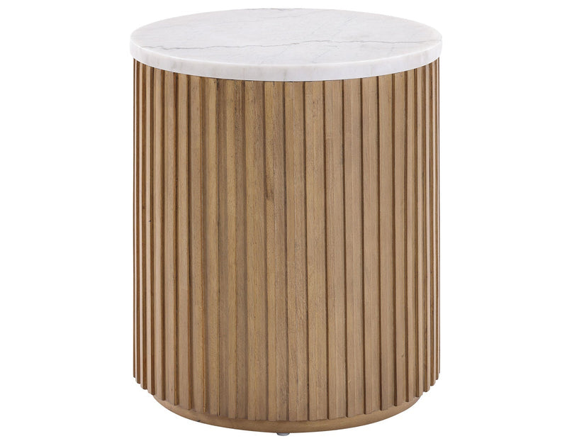 Colvin 18″ Round White Marble Top End Table, Toffee Finish