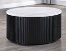 Colvin 36″ Round Castered White Marble Top Coffee Table, Black Finish