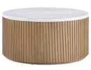 Colvin 36″ Round Castered White Marble Top Coffee Table, Toffee Finish