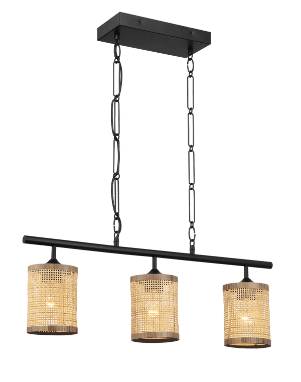 Elysian Three Lights Island With Natural Rattan Shade Farmhouse Chain Ceiling Lamp