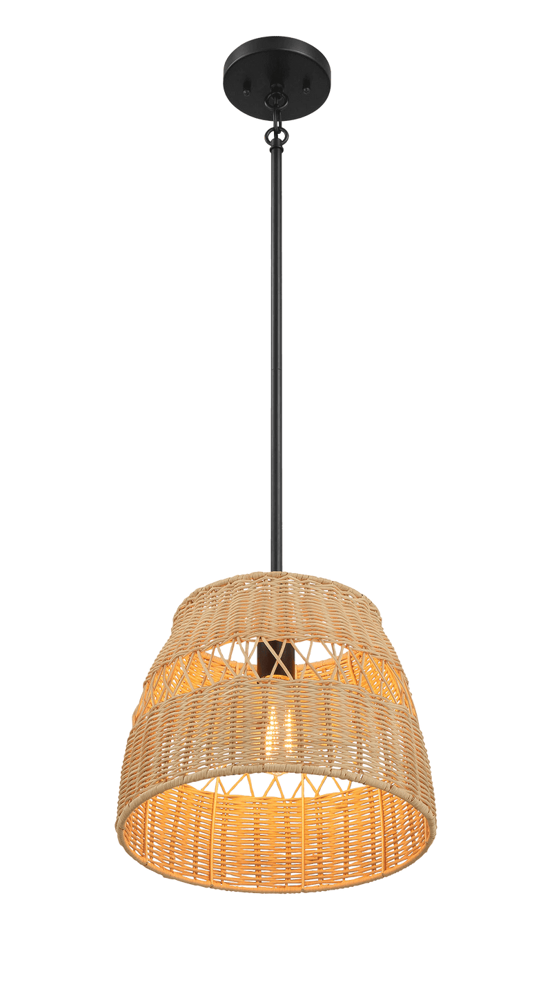 Essence Single Lights Pendant With Rattan Shade  Black Metal Finish for Farmhouse Style