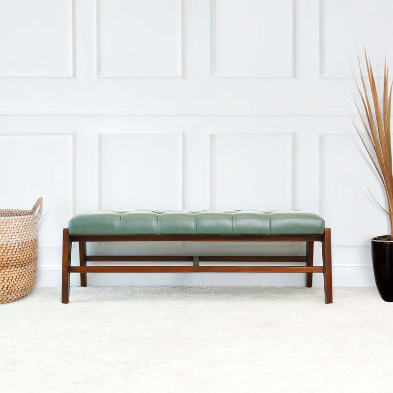 Hera Green Leather Buttoned Bench