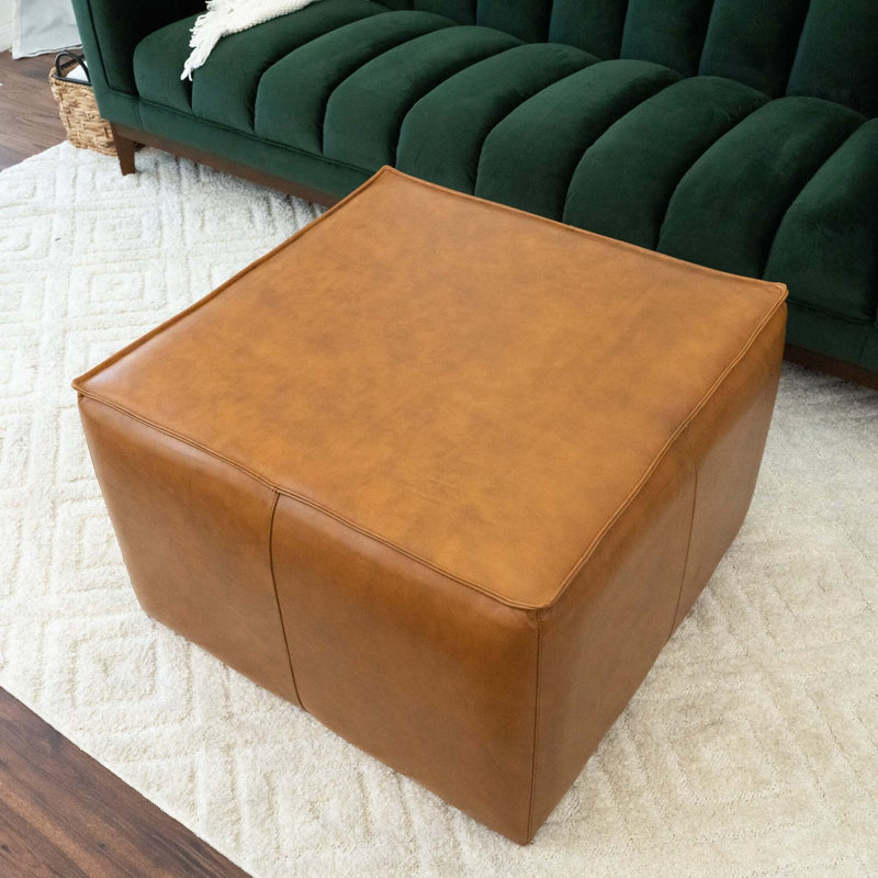 Mallory Mid-Century Square Genuine Leather Upholstered Ottoman in Tan 27.5"