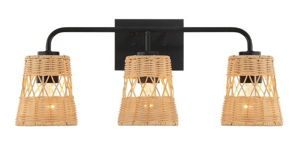 Moonlit Three Lights Wall Sconce With Rattan Shade, Bathroom Lighting Fixtures Over Mirror